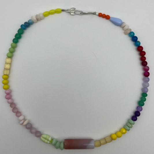 Pink Agate Tubular Bead and Rainbow necklace