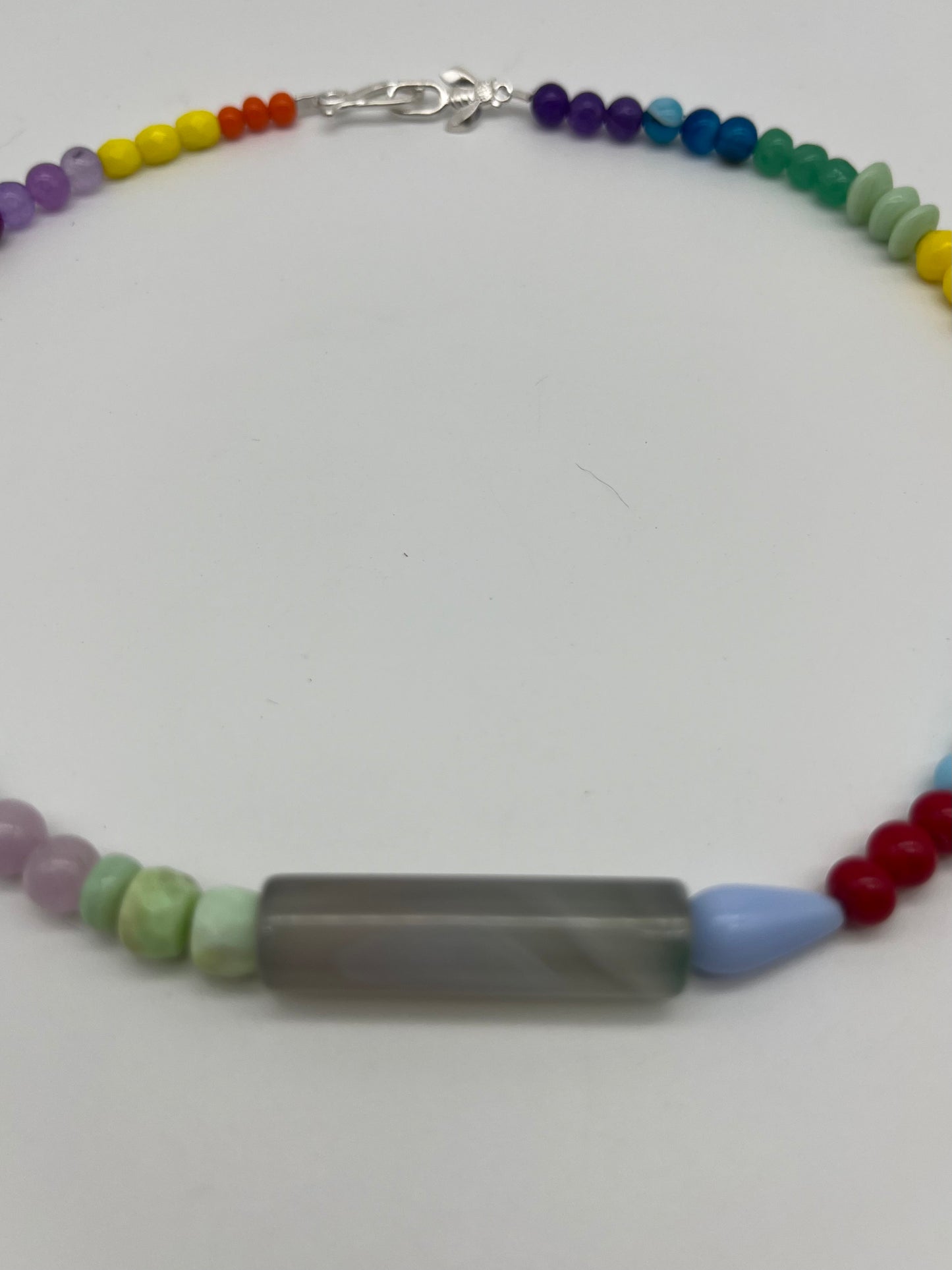single strand ombre rainbow bead necklace with tubular grey agate