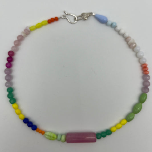 Pink crackle Agate Tubular Bead and Rainbow necklace