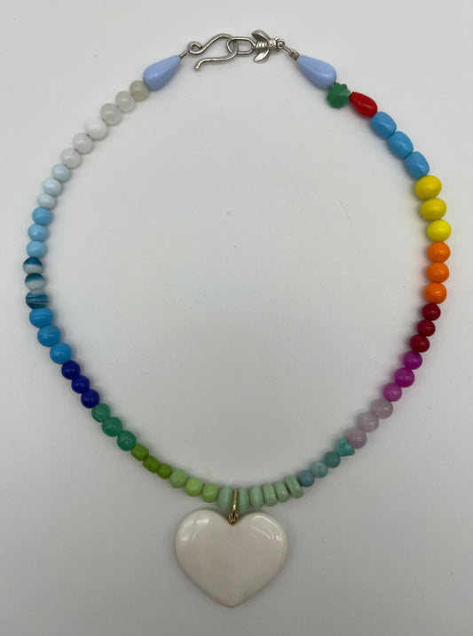 single strand rainbow ombre beads with stone heart