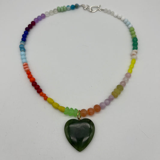 Rainbow strand with Green Jade heart