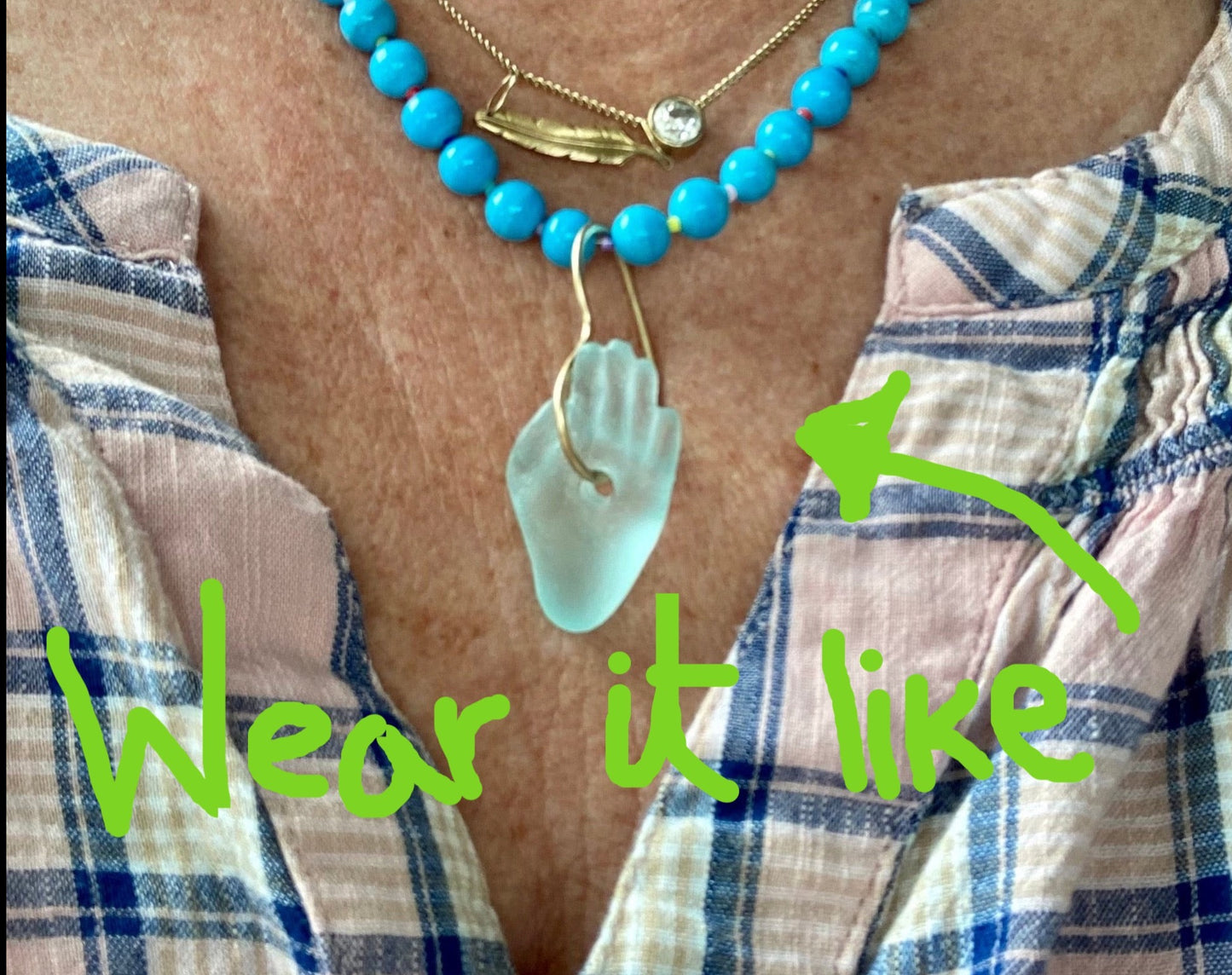 Beach glass Hand and heart Charm on Color buzz necklace strand (Beach glass Blue)