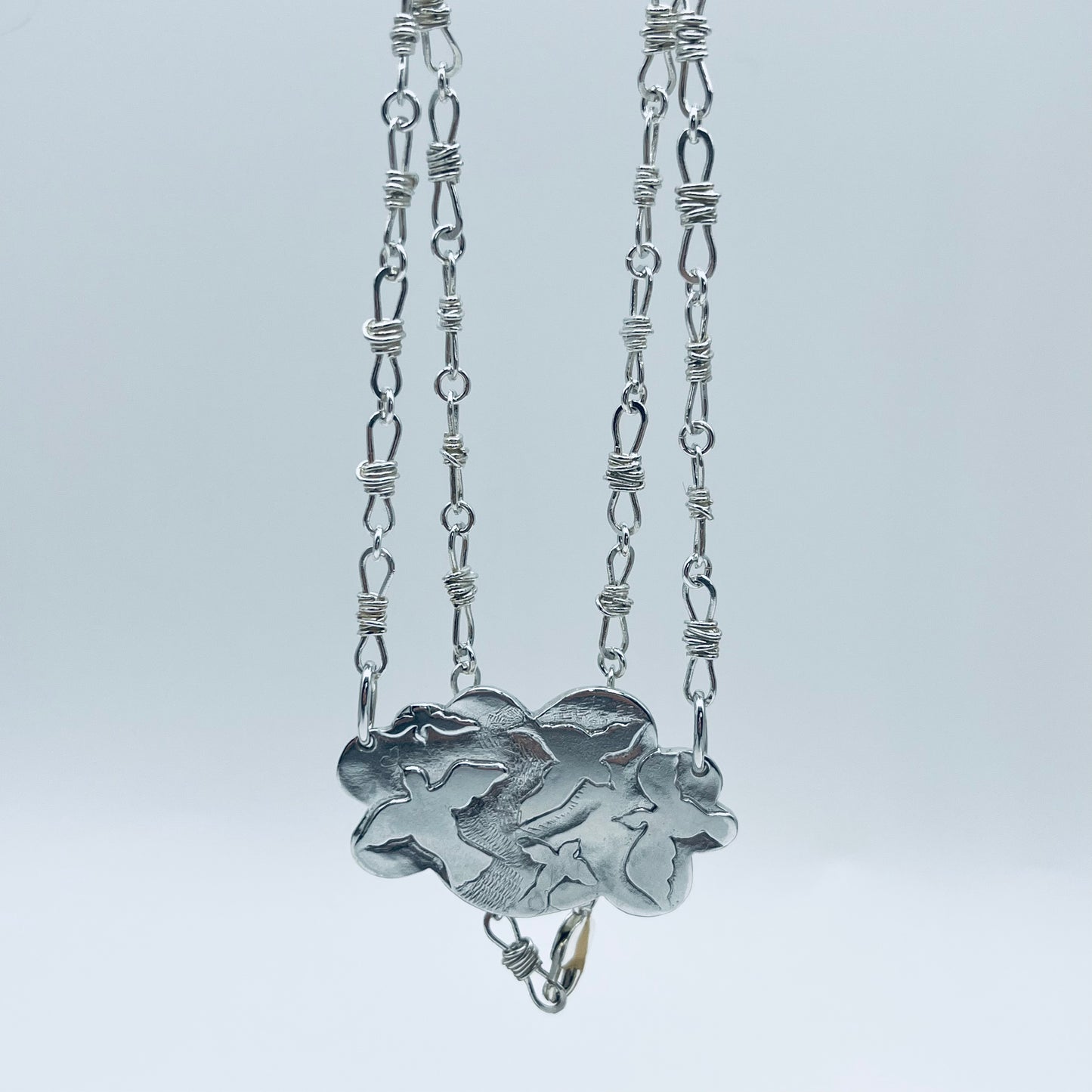 Silver Pow Pow Cloud and soft barb wire Necklace