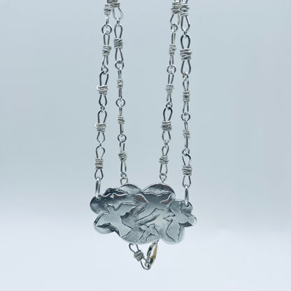 Silver Pow Pow Cloud and soft barb wire Necklace