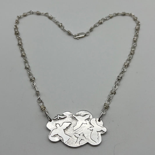 Silver Pow Pow Cloud and soft barb wire Necklace