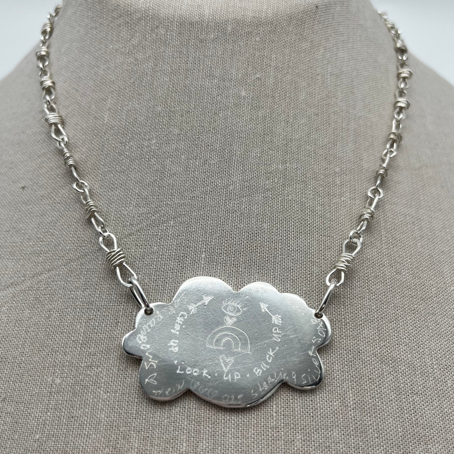 Silver Pow Pow Cloud and soft barb wire Necklace