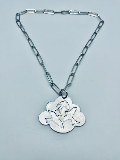 Birds in flight cloud on  hand made paper clip chain necklace