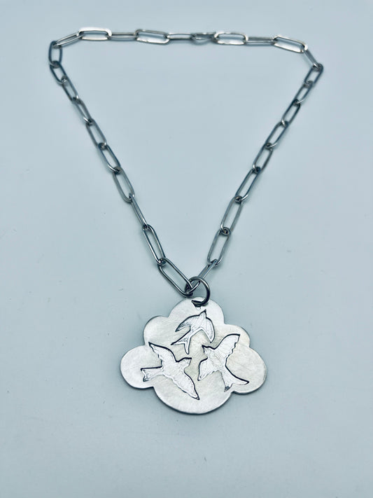 Birds in flight cloud on  hand made paper clip chain necklace