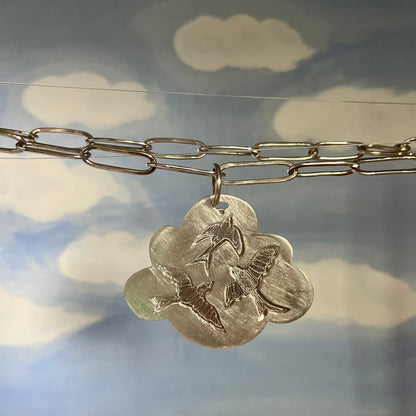 Birds in flight cloud on  hand made paper clip chain necklace