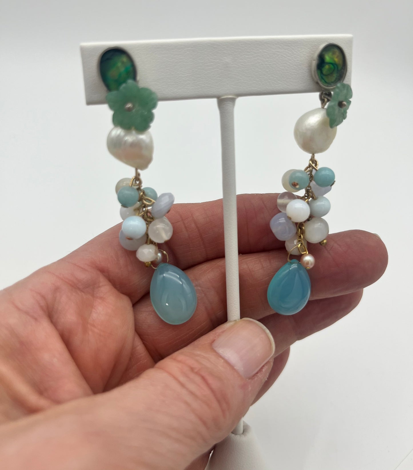Linear shell pearl and chalcedony Earrings