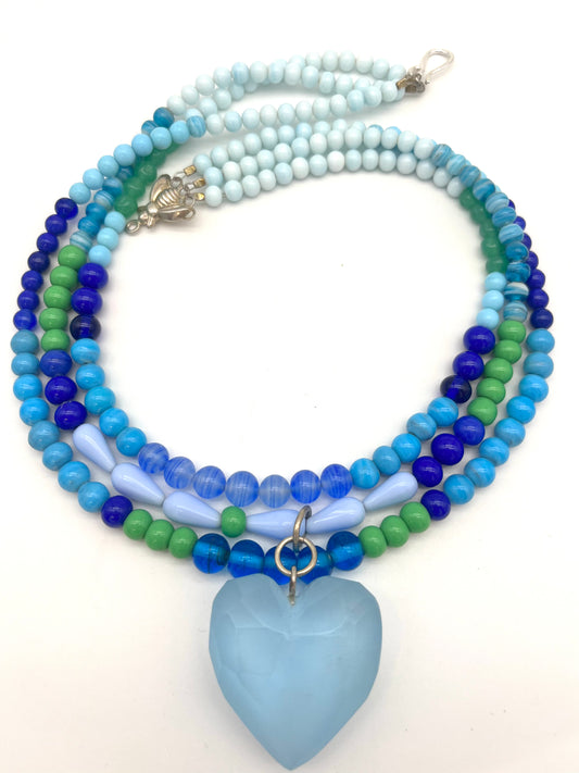 Three Strand Beach Blue Heart Necklace