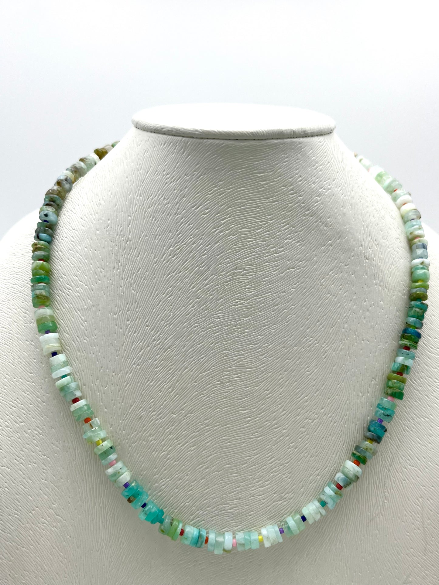 Heishi Bead Necklace pink shell & green