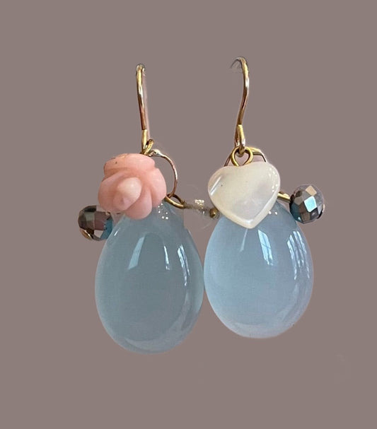 Blue Gum Drop Earring with heart and coral rose