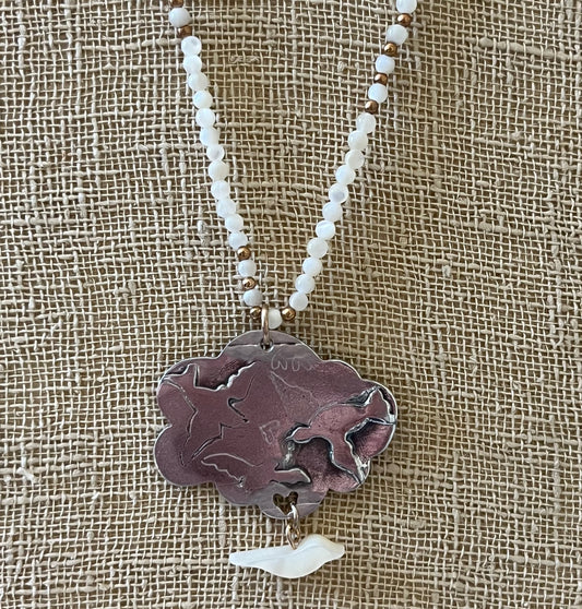 Petite Peace Cloud with shell bird charm Necklace